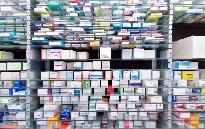 Shelves of medications being tracked and managed.
